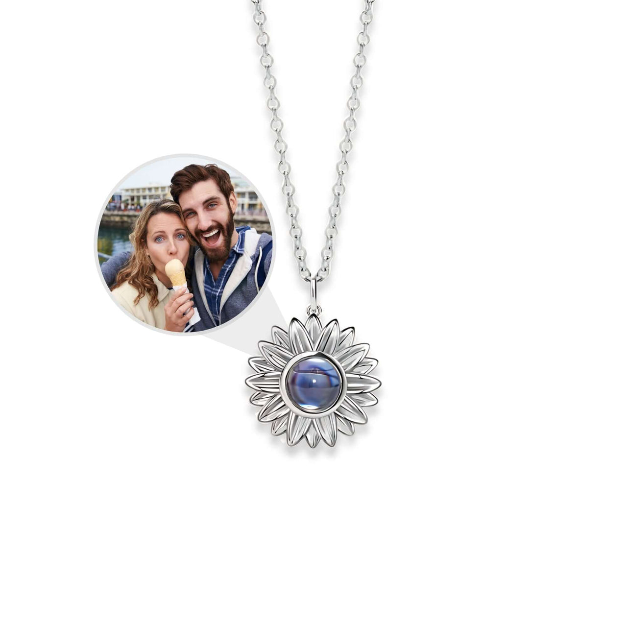 Sunflower Photo Necklace featuring a custom photo inside the sunflower pendant by Brother & Sisters.