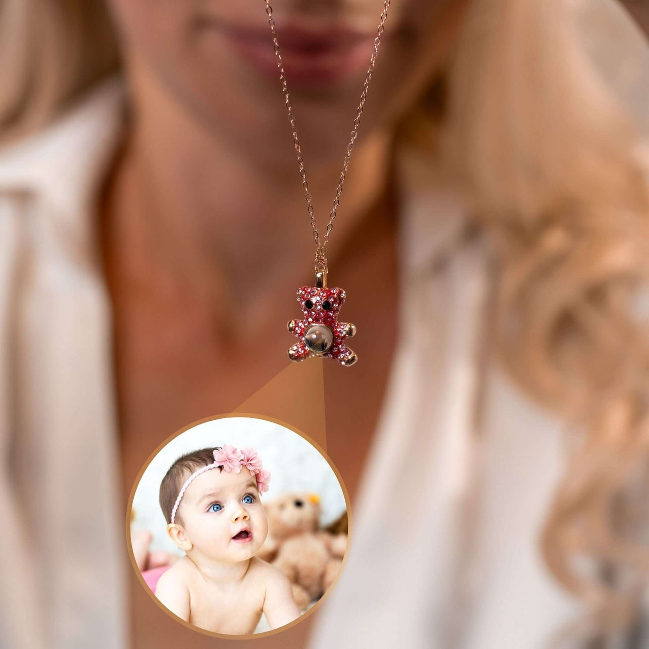 Teddy Bear Photo Necklace featuring a baby photo projection, designed by Brother & Sisters, combining elegance with sentimentality.