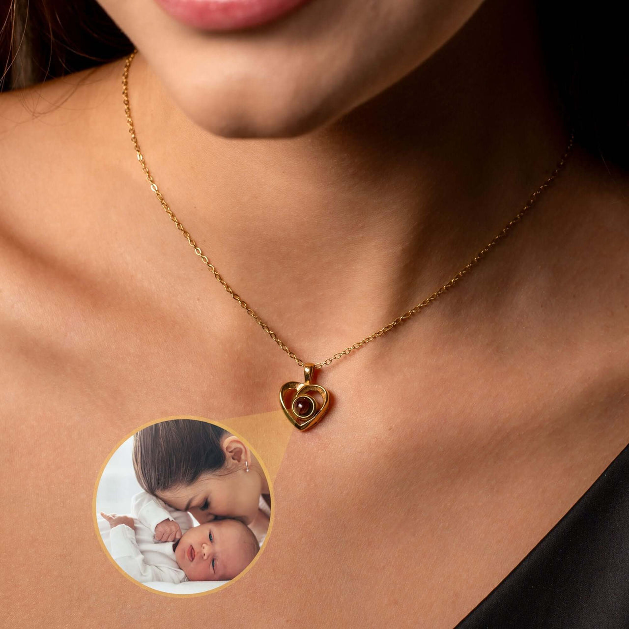 Timeless Photo Necklace featuring a heart-shaped pendant and a cherished photo of a baby, by Brother & Sisters.