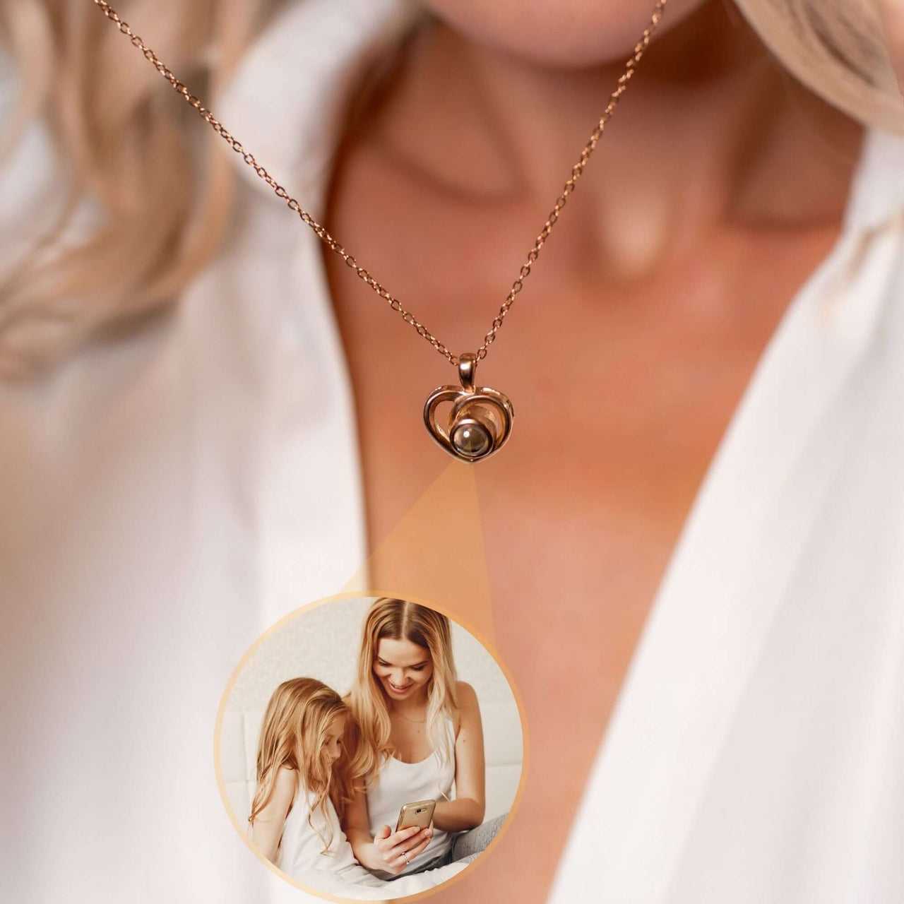 Timeless Photo Necklace worn by a woman, showcasing its heart shape, highlighting cherished moments with loved ones.