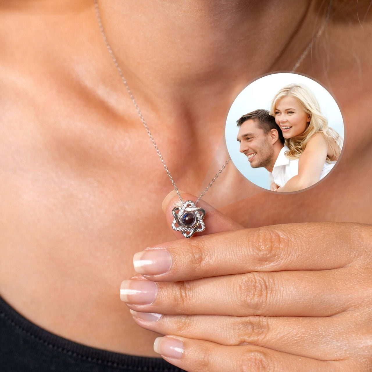 Triangle Photo Necklace from Brother & Sisters featuring a personalized photo pendant worn by a woman.