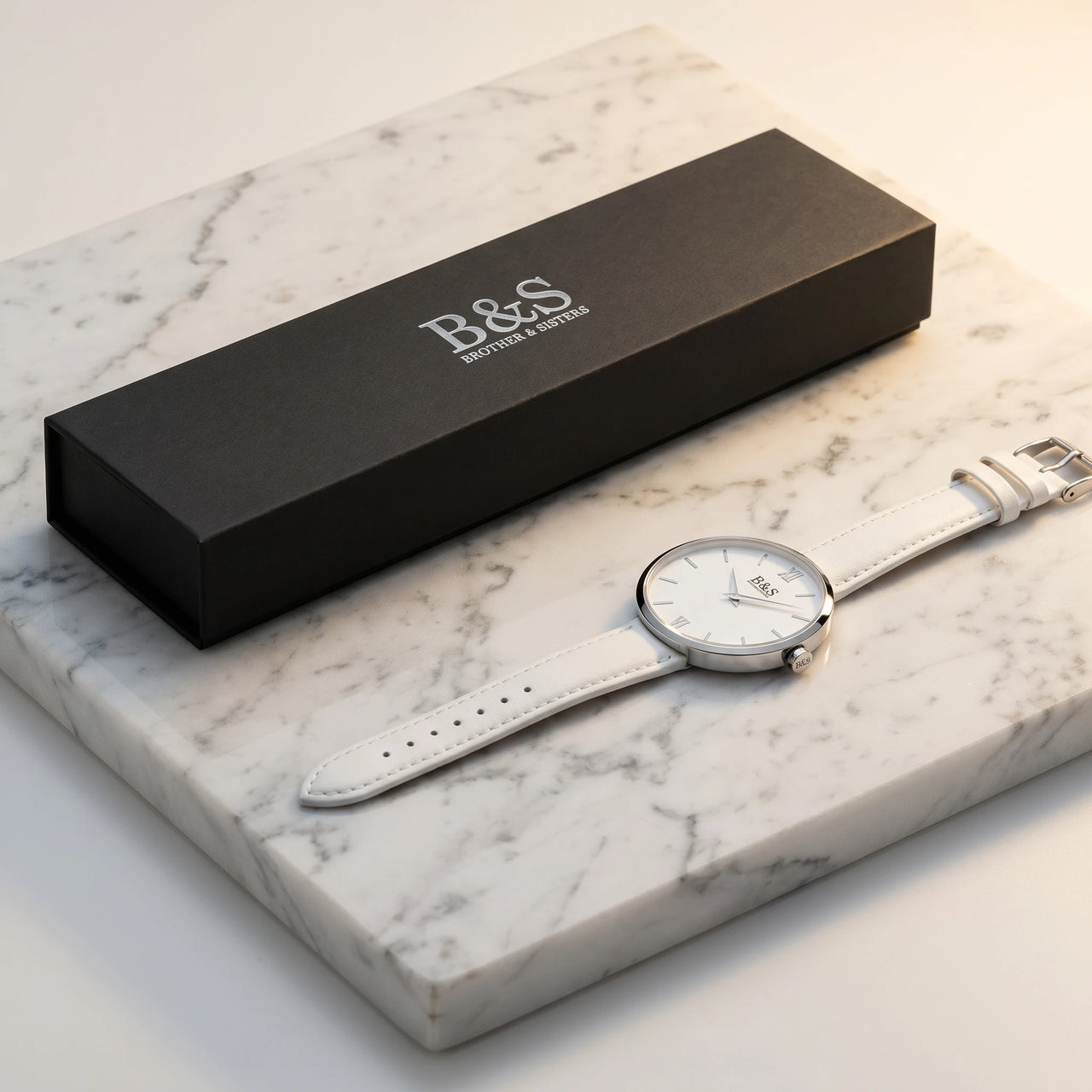 White Purity gift box and watch 45deg angle on marble — option C