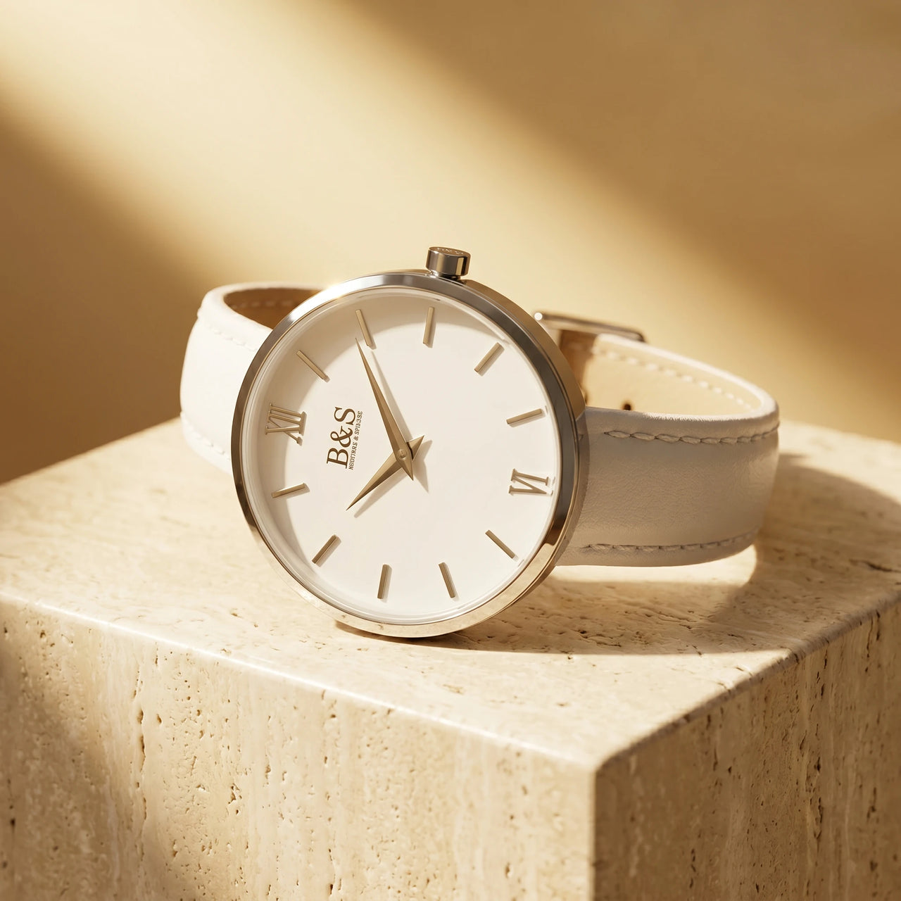 White Purity 3/4 angle on cream travertine marble — lug-less