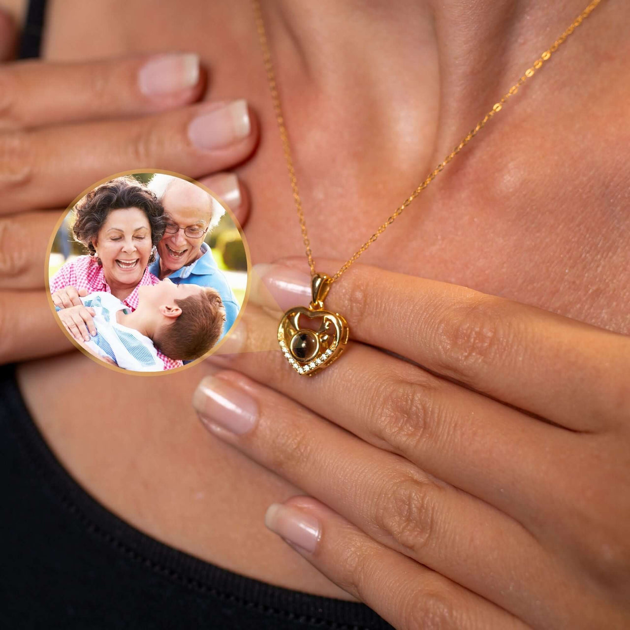 Winter Photo Necklace worn close to heart, featuring cherished memories in a stylish gold pendant by Brother & Sisters.
