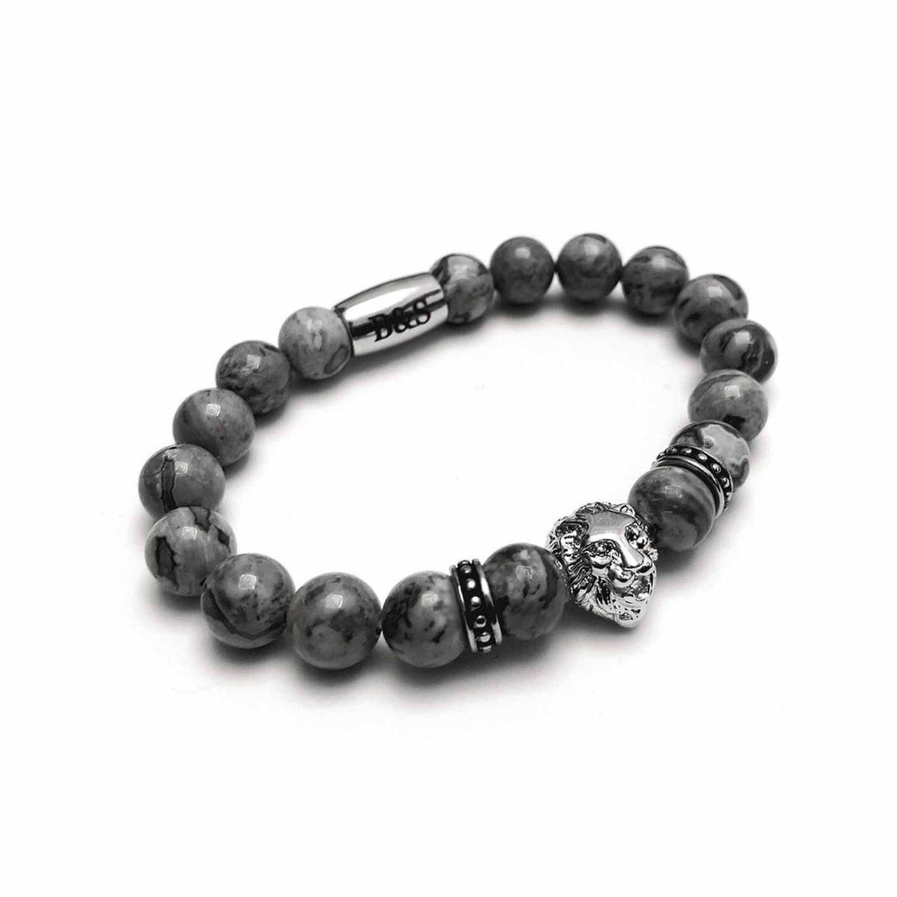Man Bracelet - Men’s Beaded Bracelet - White Gold Lion & Grey Stones Bracelet - Men’s Bracelet Bracelet Brother & Sisters