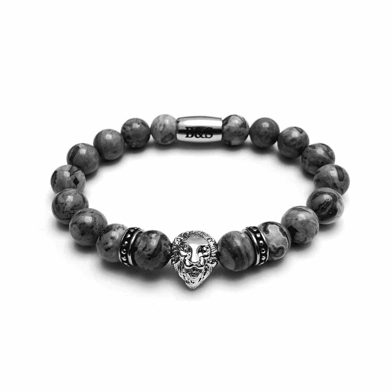 Man Bracelet - Men’s Beaded Bracelet - White Gold Lion & Grey Stones Bracelet - Men’s Bracelet Bracelet XS (14-15cm) Brother & Sisters