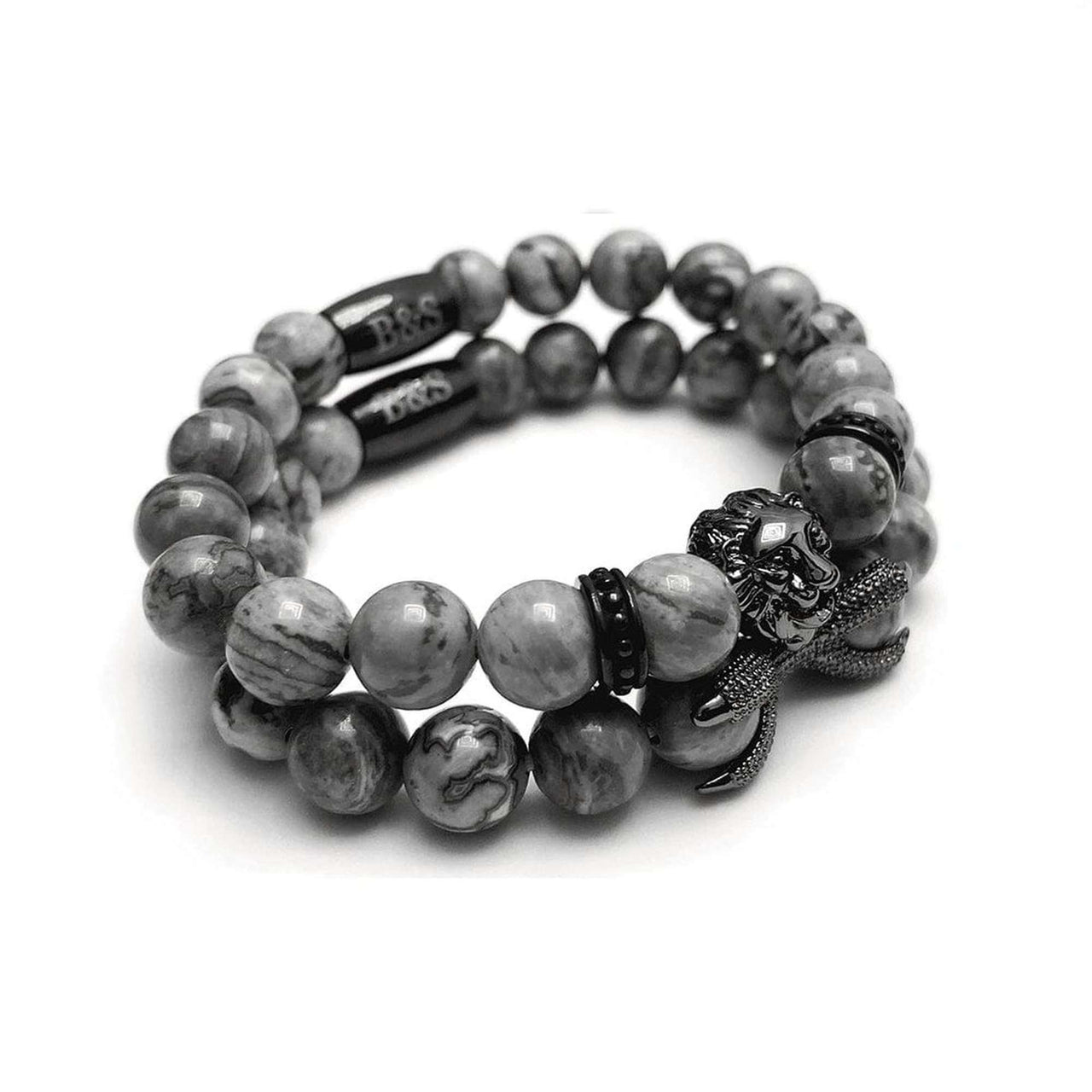 Man Bracelets - Men’s Beaded Bracelets - Black Lion & Grey Stones Set - Men’s Bracelet Bracelet Brother & Sisters