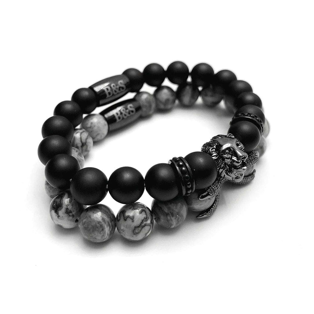 Man Bracelets - Men’s Beaded Bracelets - Black Lion with Black & Grey Stones Set - Men’s Bracelet Bracelet Brother & Sisters