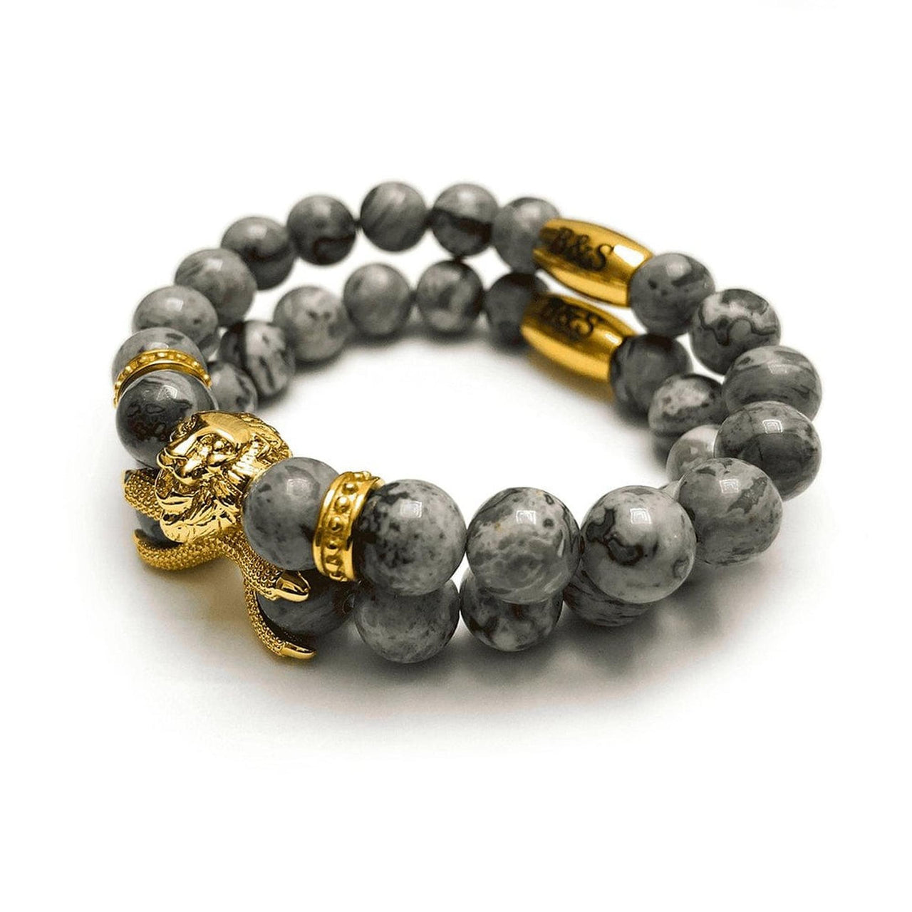 Man Bracelets - Men’s Beaded Bracelets - Gold Lion & Grey Stones Set - gold bracelet for man Bracelet Brother & Sisters