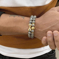 Thumbnail for Man Bracelets - Men’s Beaded Bracelets - Gold Lion & Grey Stones Set - gold bracelet for man Bracelet Brother & Sisters