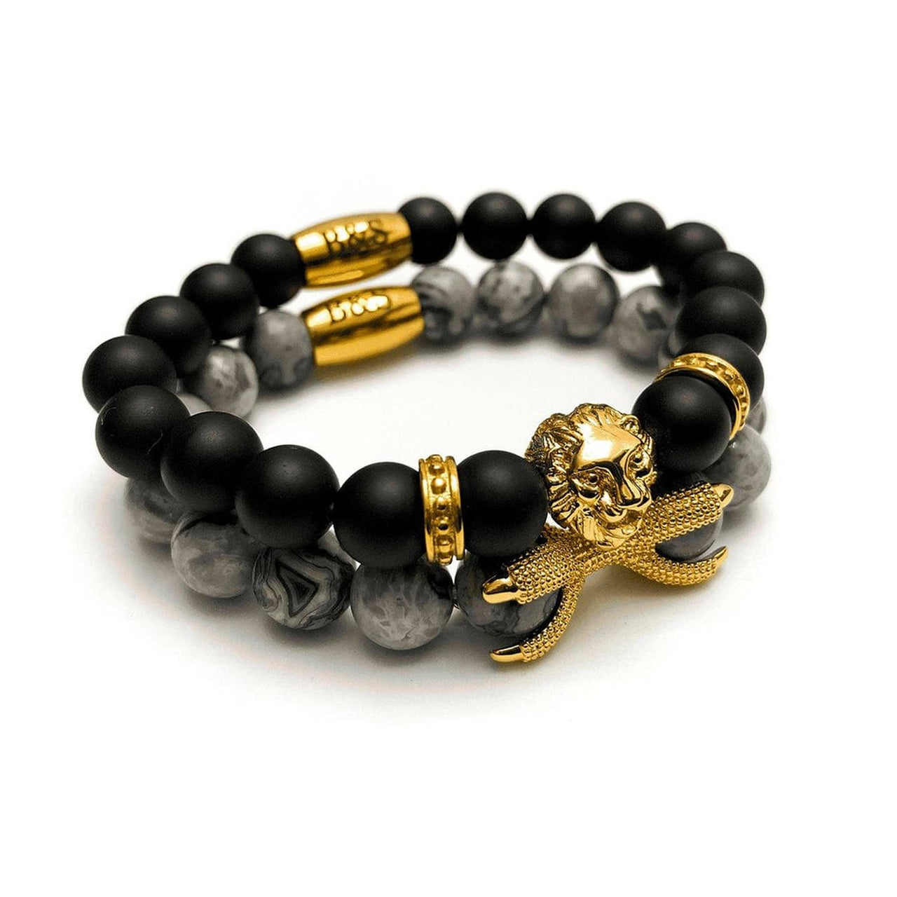 Man Bracelets - Men’s Beaded Bracelets - Gold Lion with Black & Grey Stones Set - gold bracelet for man Bracelet Brother & Sisters
