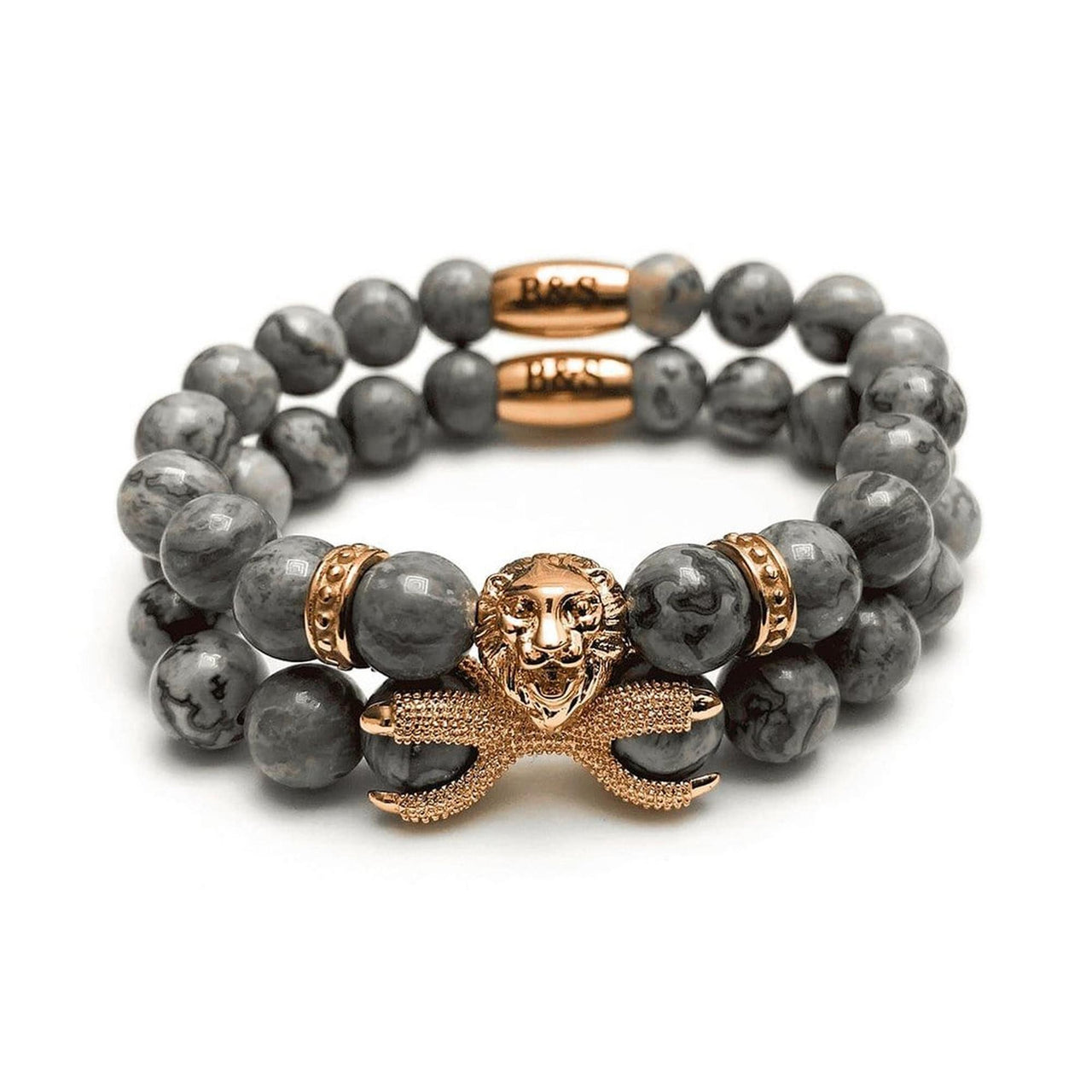 Man Bracelets - Men’s Beaded Bracelets - Rose Gold Lion & Grey Stones Bracelets Set - Mens Bracelet Bracelet XS (14-15cm) Brother & Sisters