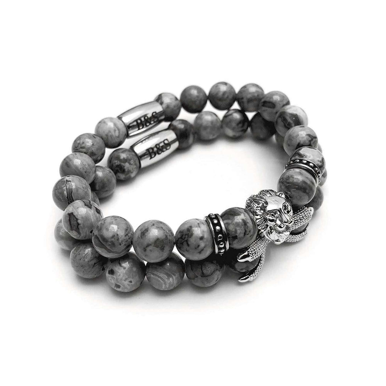 Man Bracelets - Men’s Beaded Bracelets - White Gold Lion & Grey Stones Set - Men’s Bracelet Bracelet Brother & Sisters