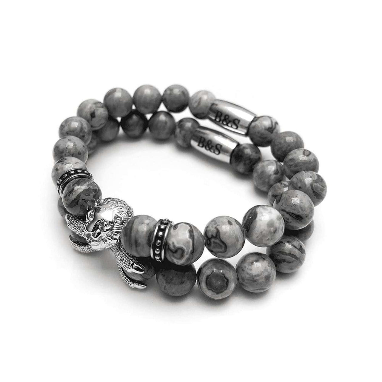 Man Bracelets - Men’s Beaded Bracelets - White Gold Lion & Grey Stones Set - Men’s Bracelet Bracelet Brother & Sisters